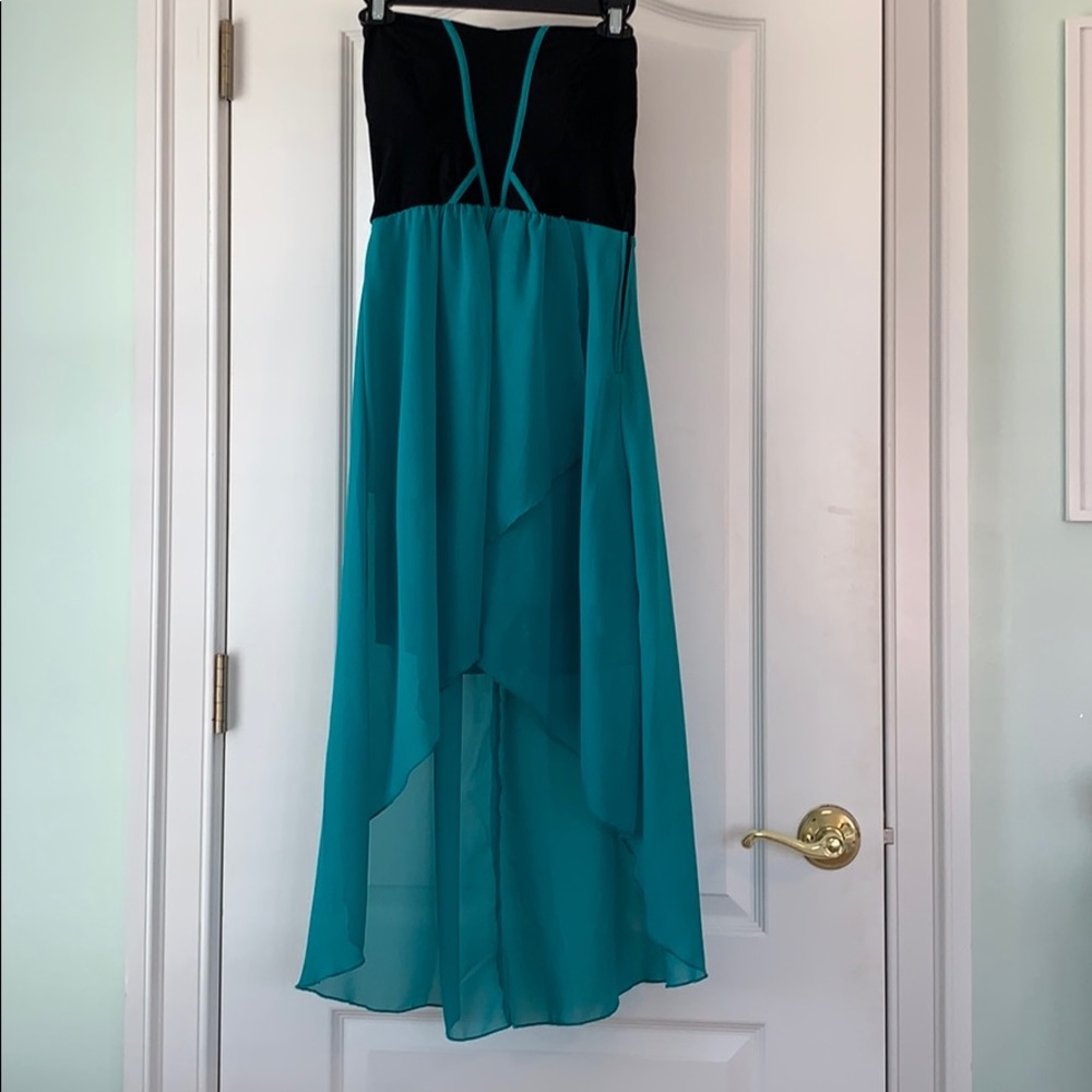 Strapless blue and black dress